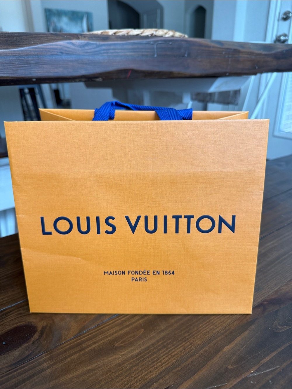 Authentic Louis Vuitton Orange Navy Gift Tote Shopping Bag Medium Blue Handles